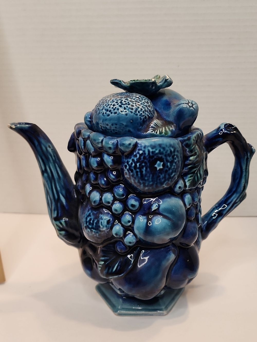 INARCO Blue Indigo Ceramic Fruit Motif Coffee/ Teapot-MCM Vintage Decorative Art